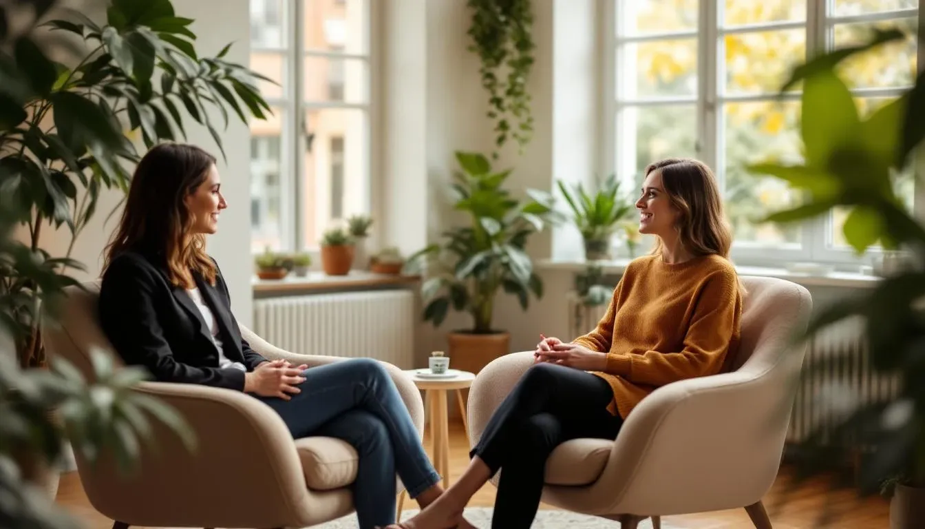 Session de coaching anti-burnout entrepreneur en bureau zen avec lumière naturelle